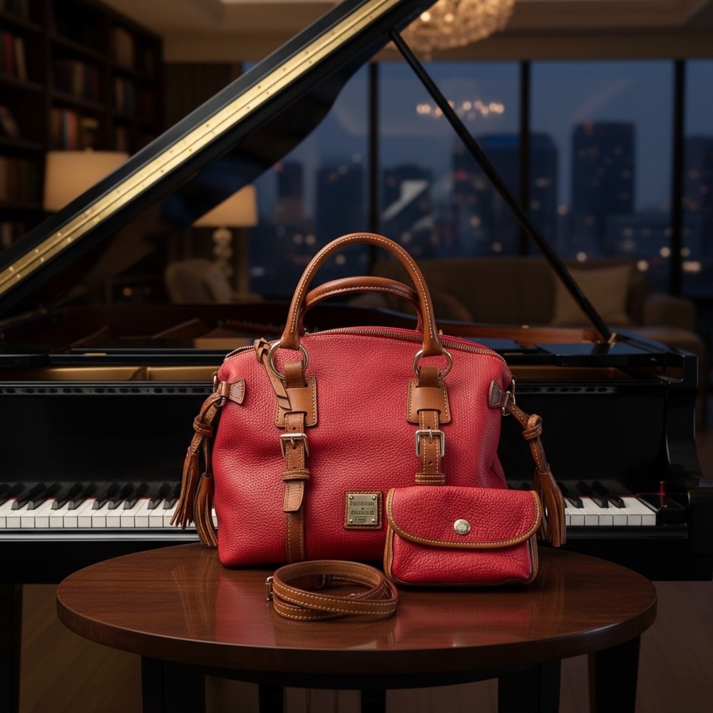 Dooney & Bourke Pebbled Leather Satchel + Wristlet Set Red/Tan Crossbody